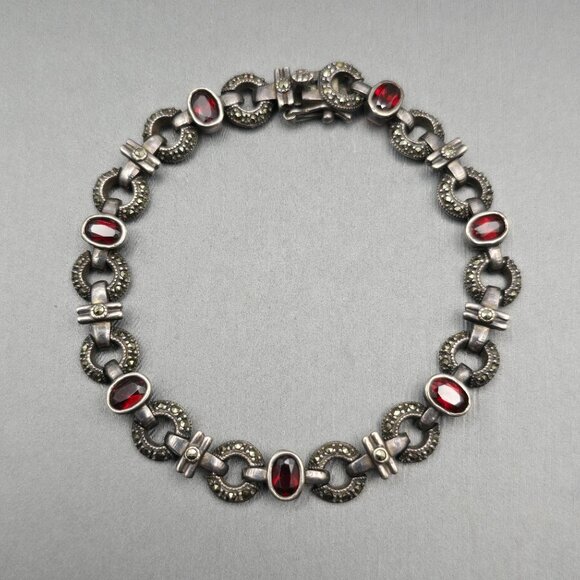 VTG Sterling Silver Garnet & Marcasite Link Bracelet 7.5" RF Hallmark Box Clasp - Picture 2 of 14